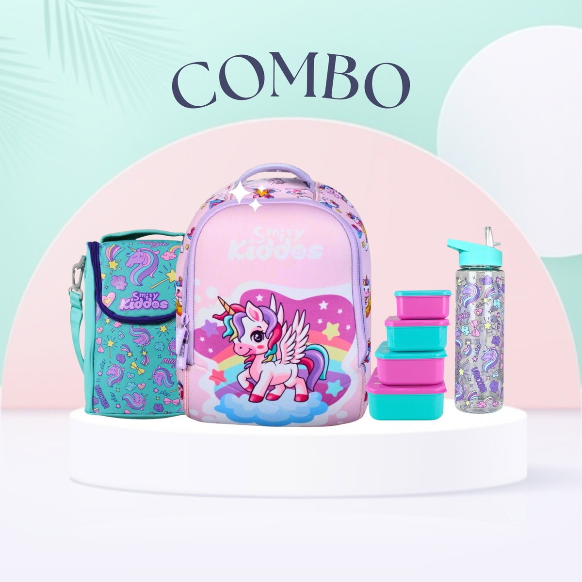 Smily Kiddos Combo pack Unicorn Theme | Backpack, Lunch Bag, Lunch Box, Water Bottle.