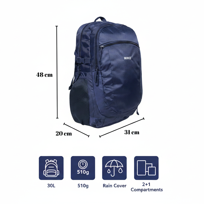 MIKE Terminal Backpack – Blue | 30L Backpack with Rain Cover