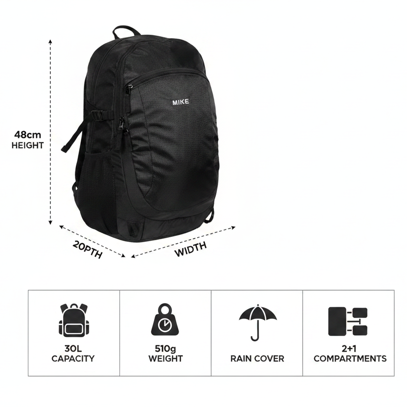 Black backpack shown on a white background with dimension lines indicating 48cm height, 30cm width, and 20cm depth, plus feature icons below for 30L capacity, 510g weight, rain cover, and 2-in-1 compartments.