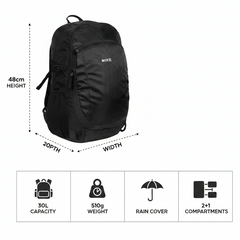 Black backpack shown on a white background with dimension lines indicating 48cm height, 30cm width, and 20cm depth, plus feature icons below for 30L capacity, 510g weight, rain cover, and 2-in-1 compartments.