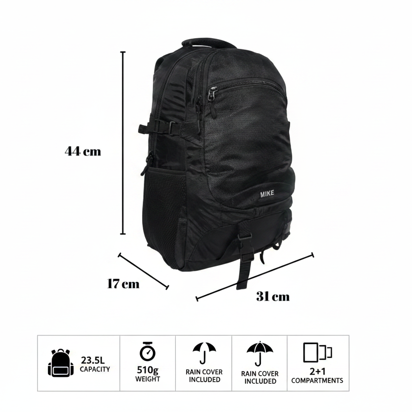 MIKE Elite Transit Backpack – Black | 23.5L Backpack with Rain Cover