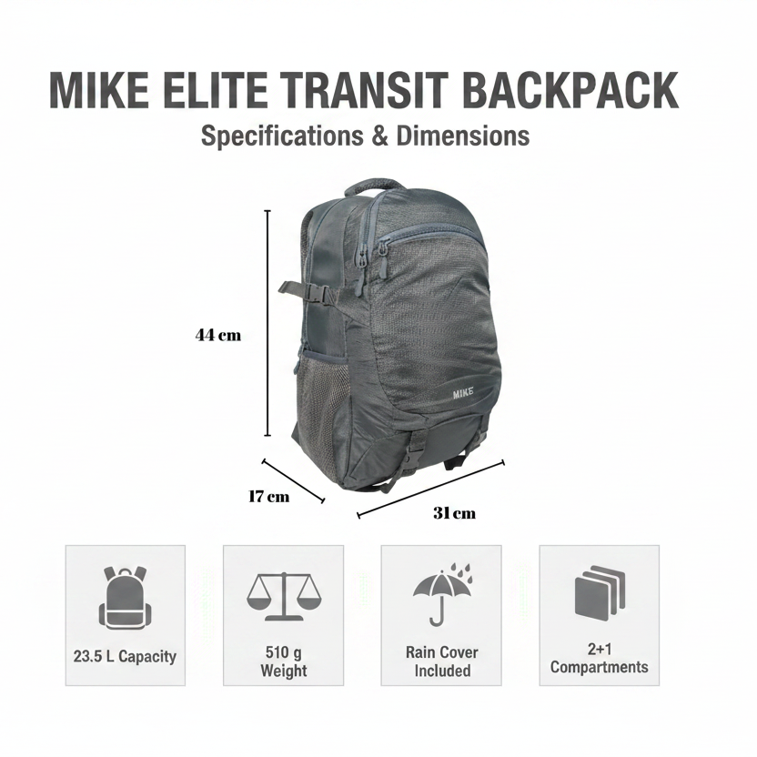 MIKE Elite Transit Backpack – Grey | 23.5L Backpack with Rain Cover