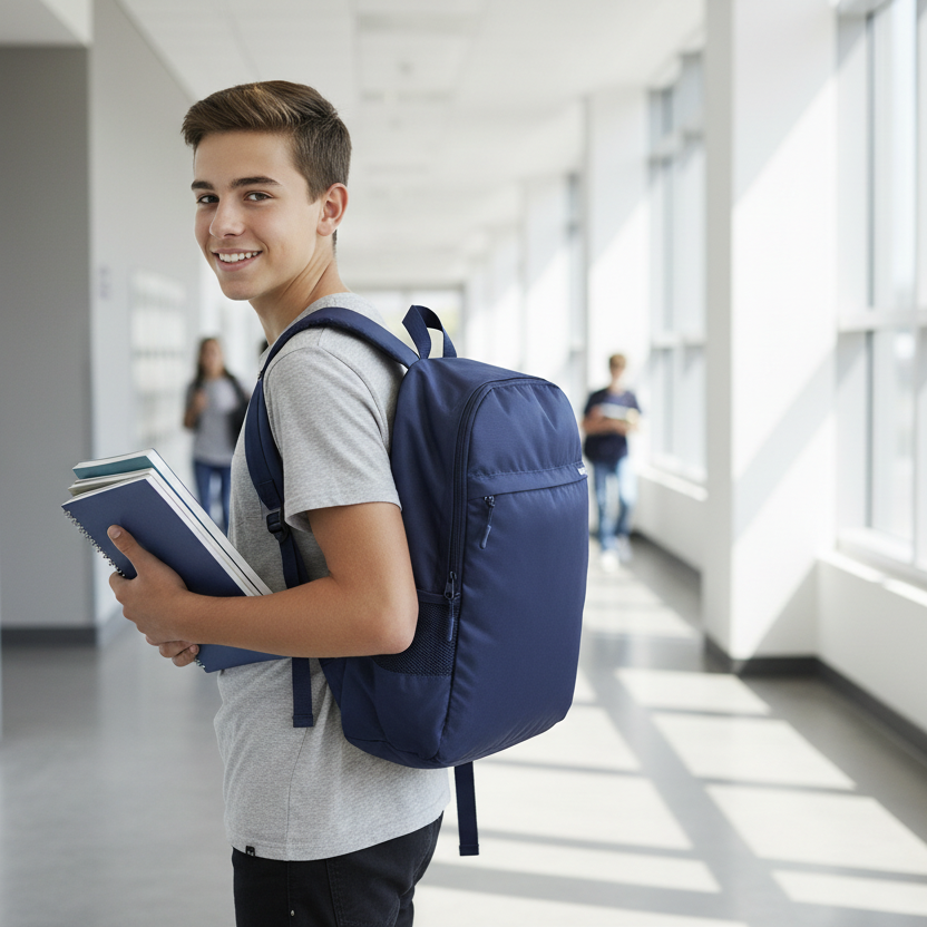 A smiling young man in a school hallway carries a navy blue backpack and holds blue notebooks, with lockers on the left and large windows on the right.