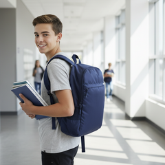 A smiling young man in a school hallway carries a navy blue backpack and holds blue notebooks, with lockers on the left and large windows on the right.