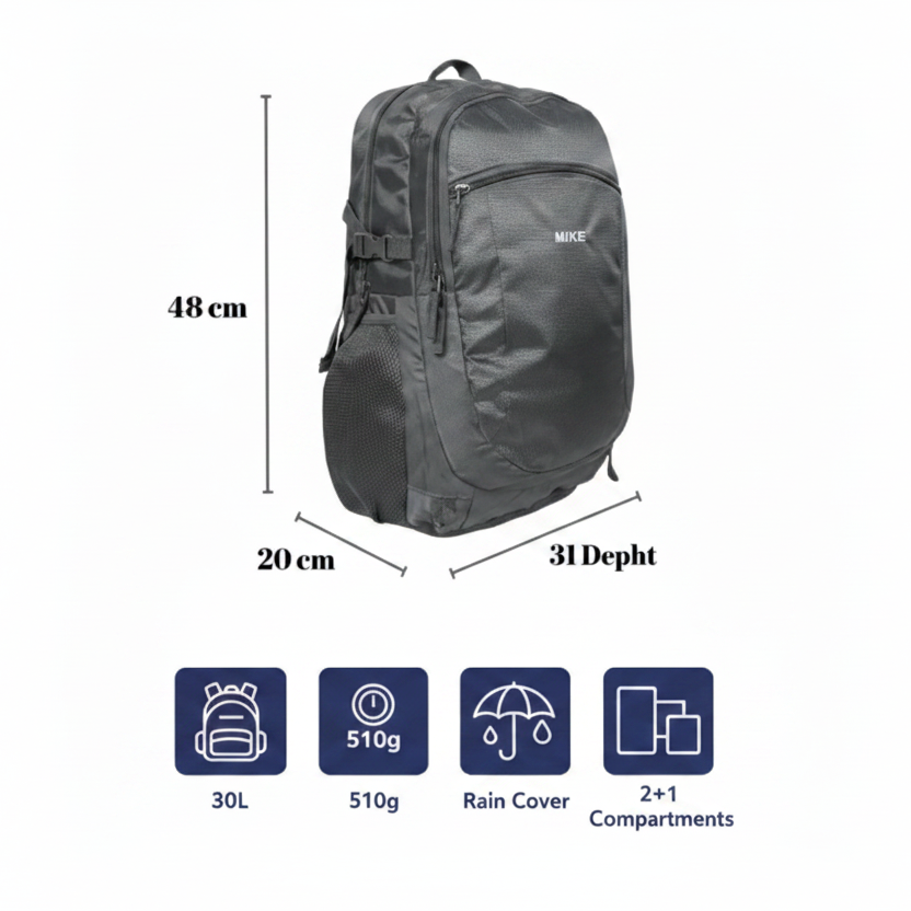 MIKE Terminal Backpack – Grey | 30L Backpack with Rain Cover