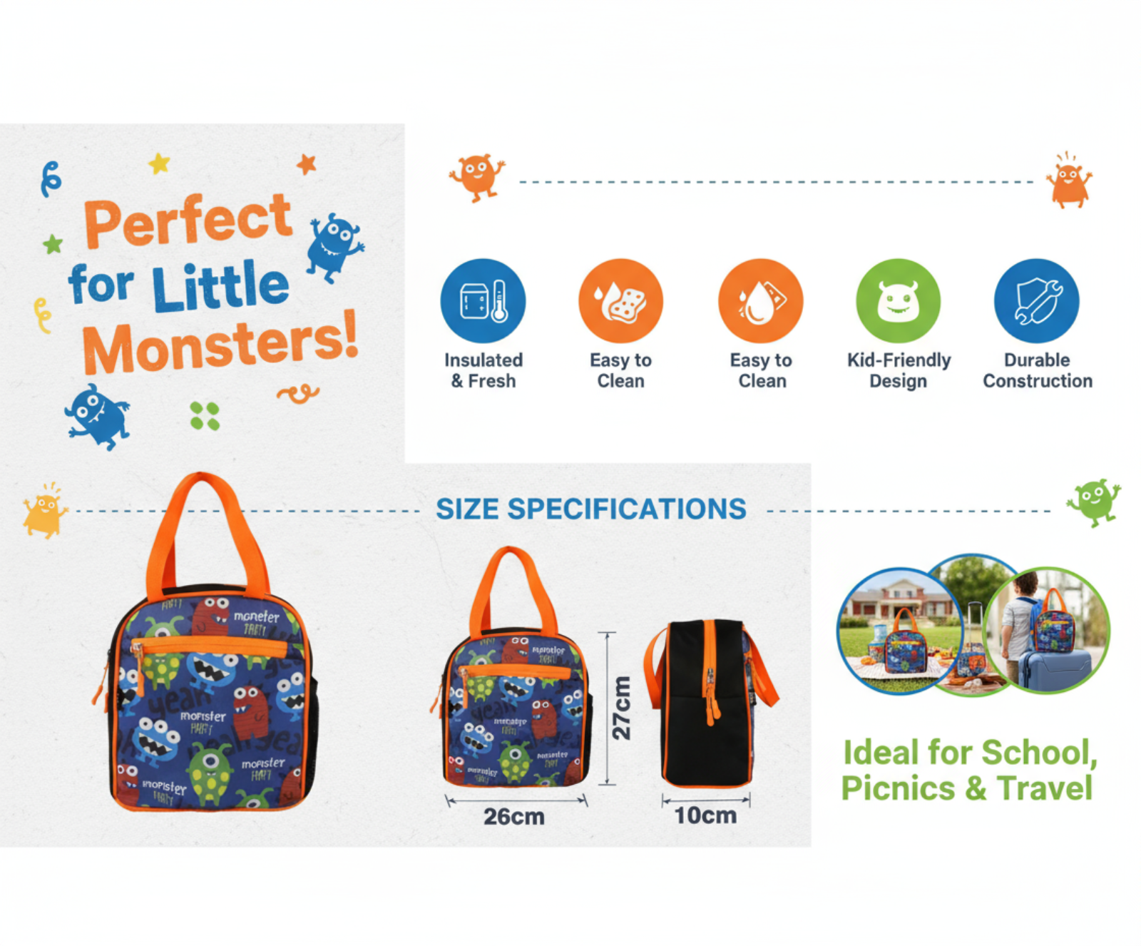 Joy Insulated Lunch Bag – Monster Theme - Blue