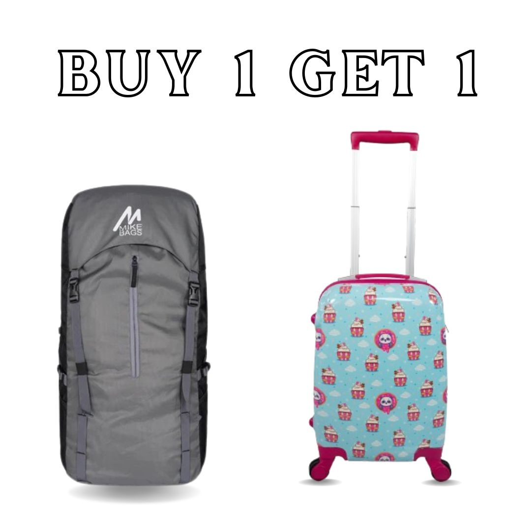 Travel Combo: Mike Explorer 36L Trekking Backpack & Smily Kiddos 30.5L Panda Cream Trolley Bag | Buy 1 Get 1