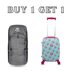 Travel Combo: Mike Explorer 36L Trekking Backpack & Smily Kiddos 30.5L Panda Cream Trolley Bag | Buy 1 Get 1