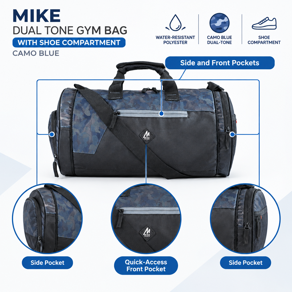 Mike Dual Tone Gym Bag With Shoe Compartment -Camo Blue