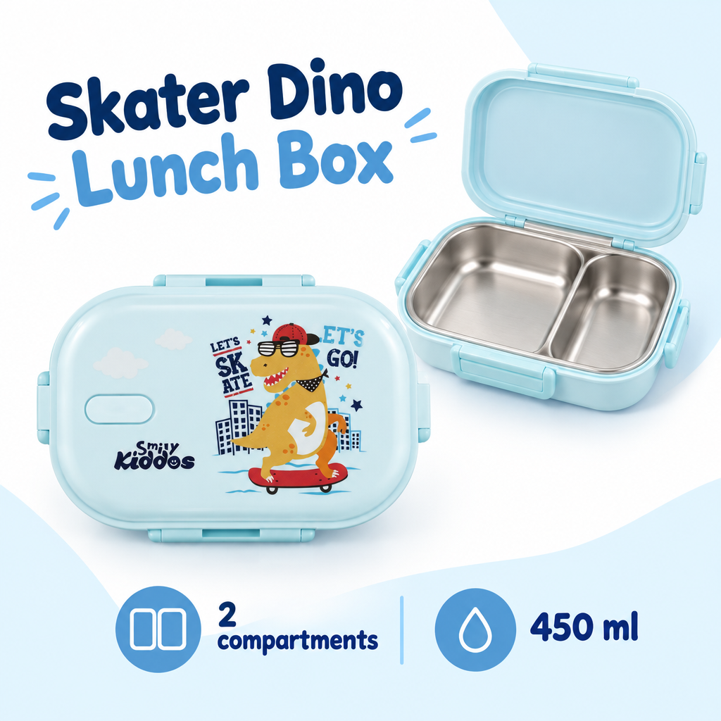 Medium Stainless Steel Lunch Box Skater Dino Theme - Light blue