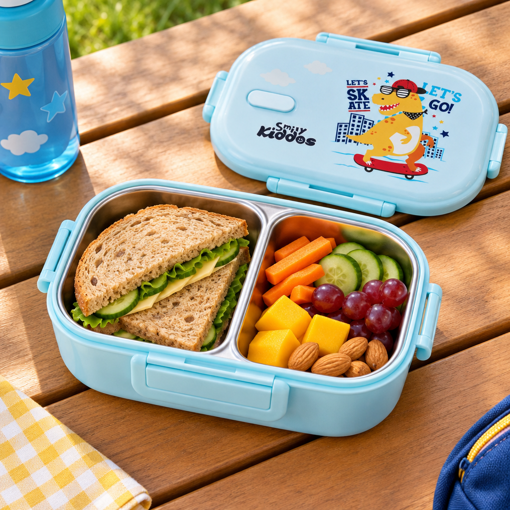 Medium Stainless Steel Lunch Box Skater Dino Theme - Light blue