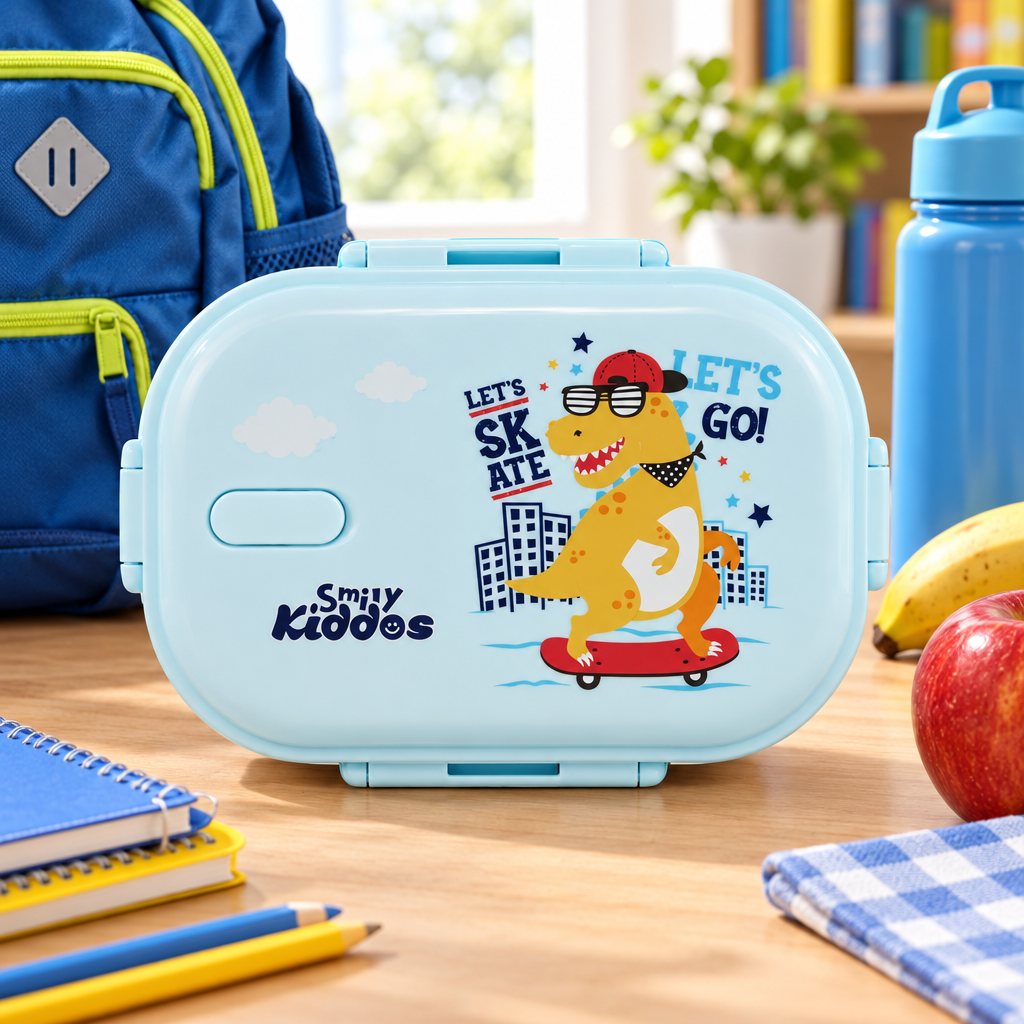 Medium Stainless Steel Lunch Box Skater Dino Theme - Light blue