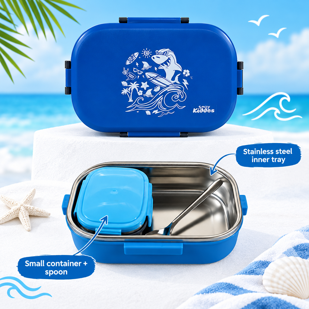 Stainless Steel Lunch Box - Surfer Shark Theme - Teal Blue