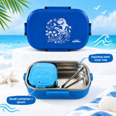 Stainless Steel Lunch Box - Surfer Shark Theme - Teal Blue