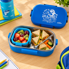 Stainless Steel Lunch Box - Surfer Shark Theme - Teal Blue