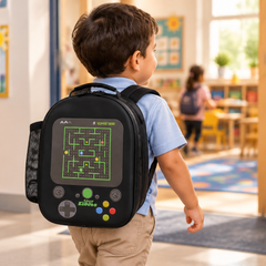 A young child wearing a light blue shirt and khaki pants walks through a colorful preschool classroom while carrying a black backpack with a built-in tablet screen and gamepad design.