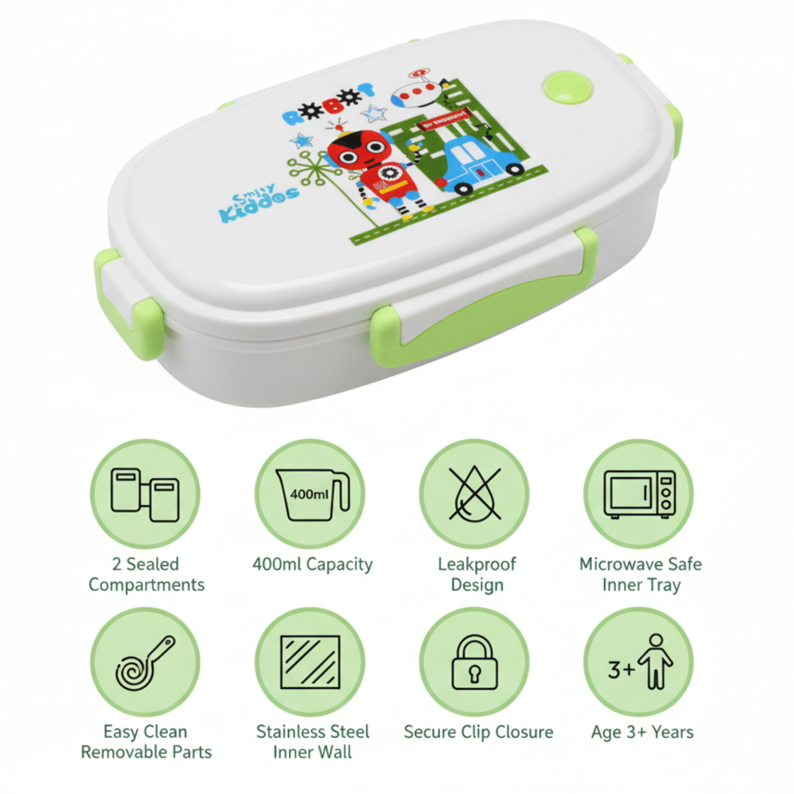 Small Stainless Steel Lunch Box - Robot Theme - Green