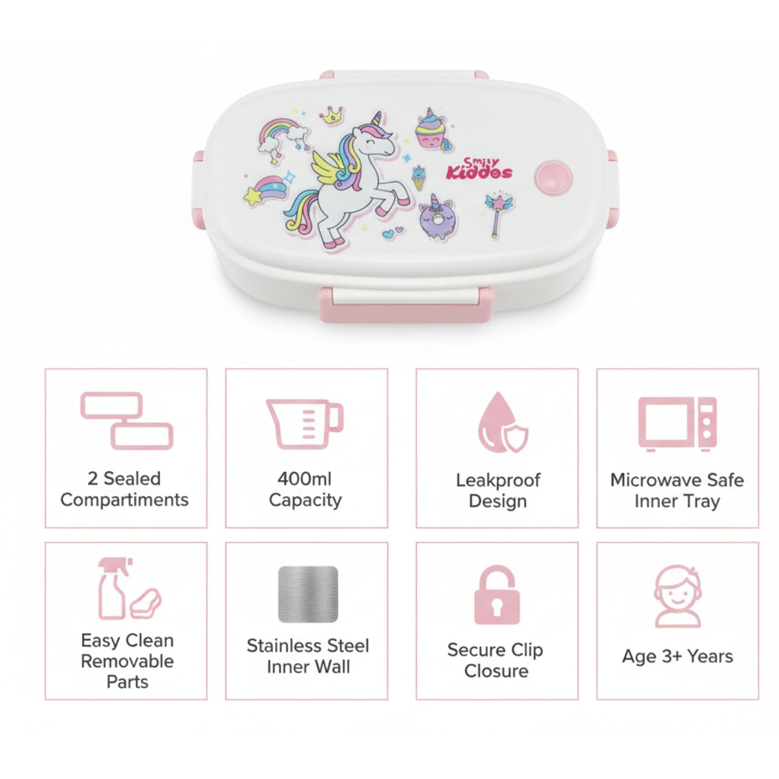 Small Stainless Steel Lunch Box - Unicorn Theme - Pink
