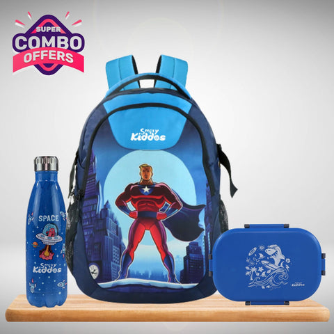 Image of Smily Kiddos Backpack, Lunch Box, Water Bottle : Combo Blue