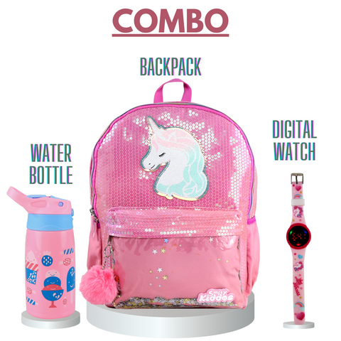 Image of Smily pink combo: Backpack| water bottle| watch| Pink