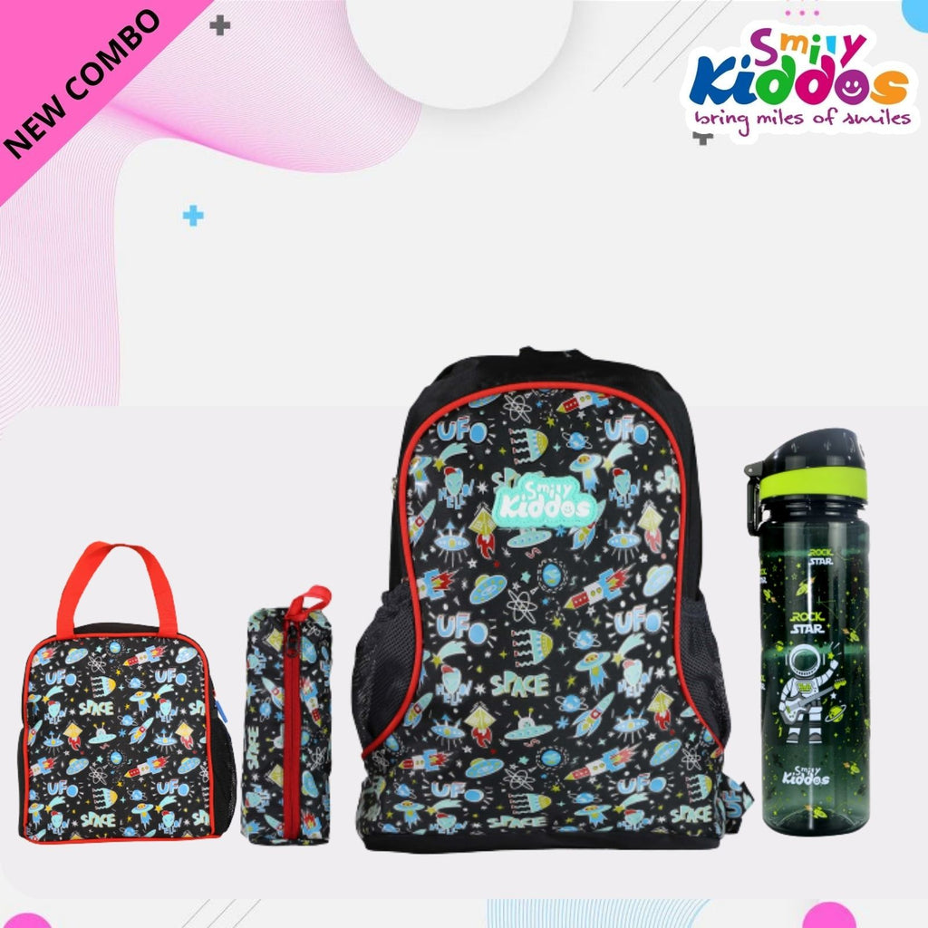 Smily Kiddos Baby COMBO - Backpack with Pencil Pouch, Lunch Bag, Sipper Water Bottle Black